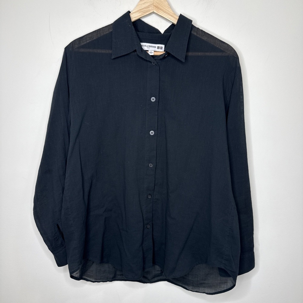 Ines De La Fressange x Uniqlo Button‎ Up Shirt Womens Black Office Work Blouse